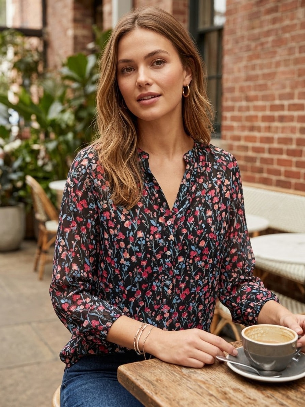 J.Crew Raglan Button-Up Floral Blouse Black Size Romantic Top Size M